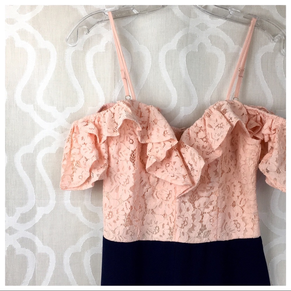 *CLEARANCE* Peach Lace Navy Ruffle Flares Jumpsuit - Picture 2 of 8